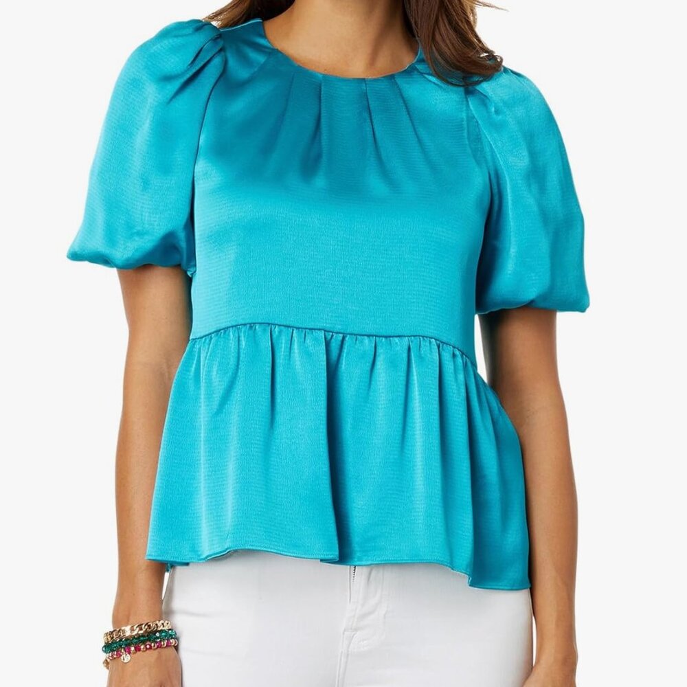 🩷NWT - Lilly Pulitzer Jaylene Satin Peplum Elbow Sleeve Top 6 BLUE RHAPSODY